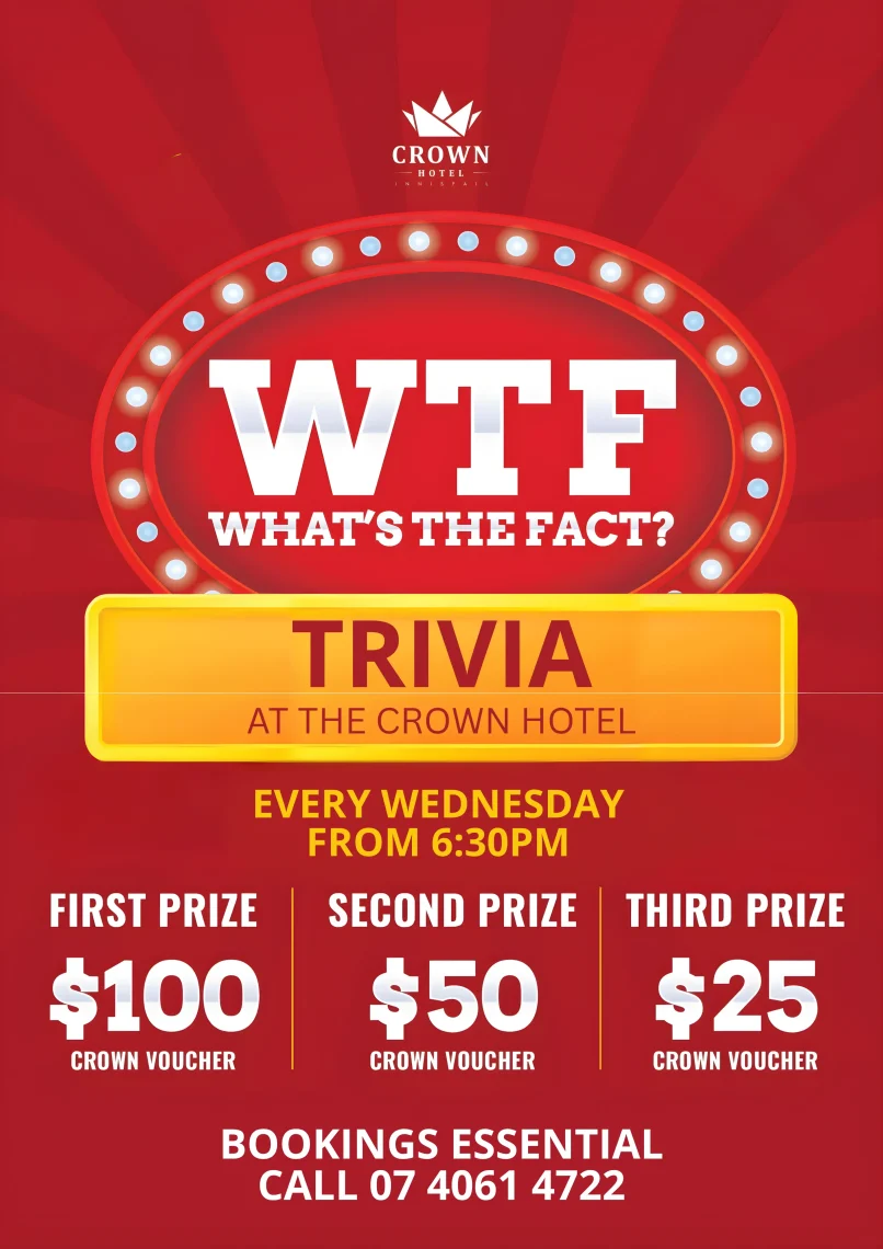 The Crown Hotel Innisfail weekly Trivia Night fun with prizes up for grabs!